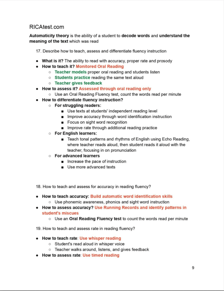 rica test instructional strategies