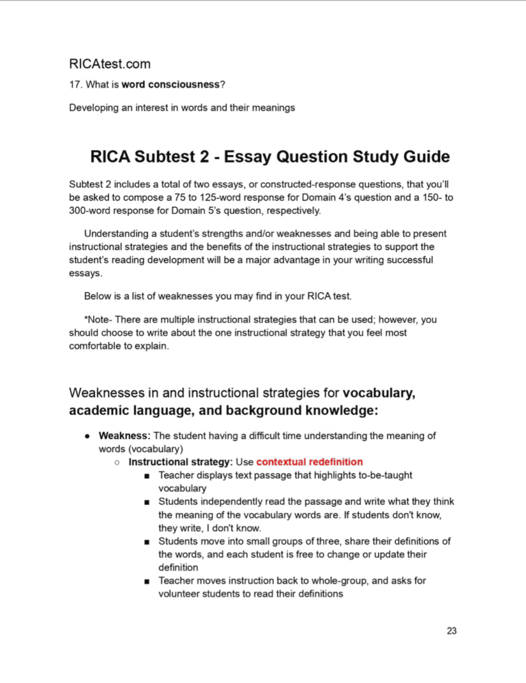 rica test essay question guide